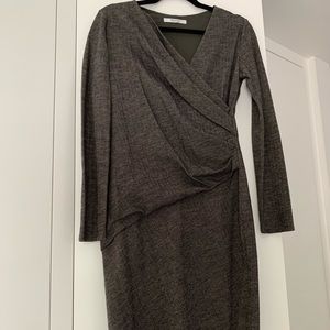 MaxMara Size 38/4 Gray Wool Knit Long Sleeve herringbone midi Dress
